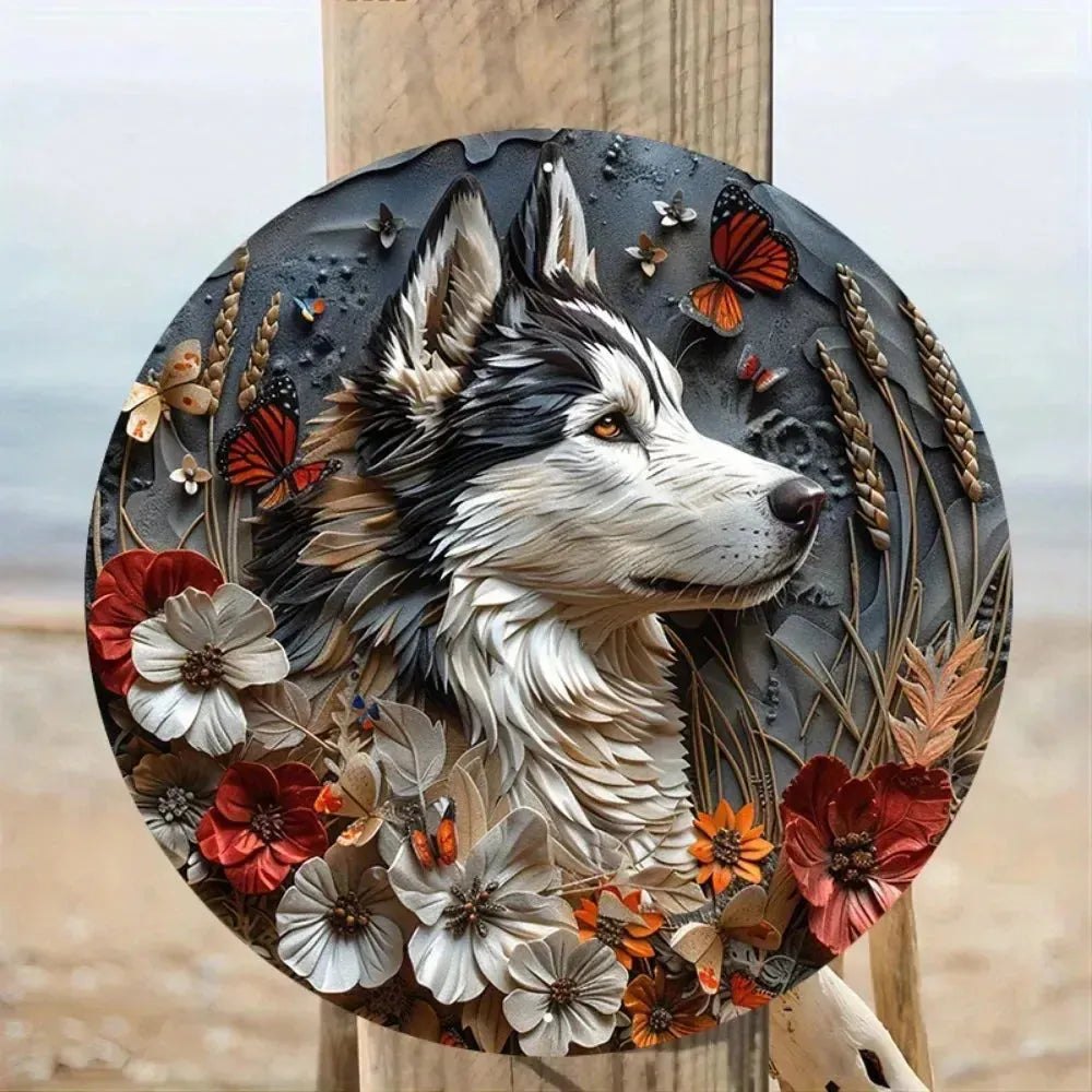 Cute Dog Gift Mask Theme Round Metal Aluminum Sign Art Desktop Decorative Plates For Bar Cafe Club Yard Home Office Wall Decor