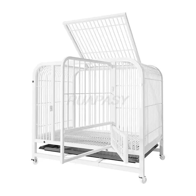 Metal Dog Crate Furniture with Door Pet Dog Cages House with Leak-Proof Pan Removable Tray Floor Protecting Kennel on Wheels