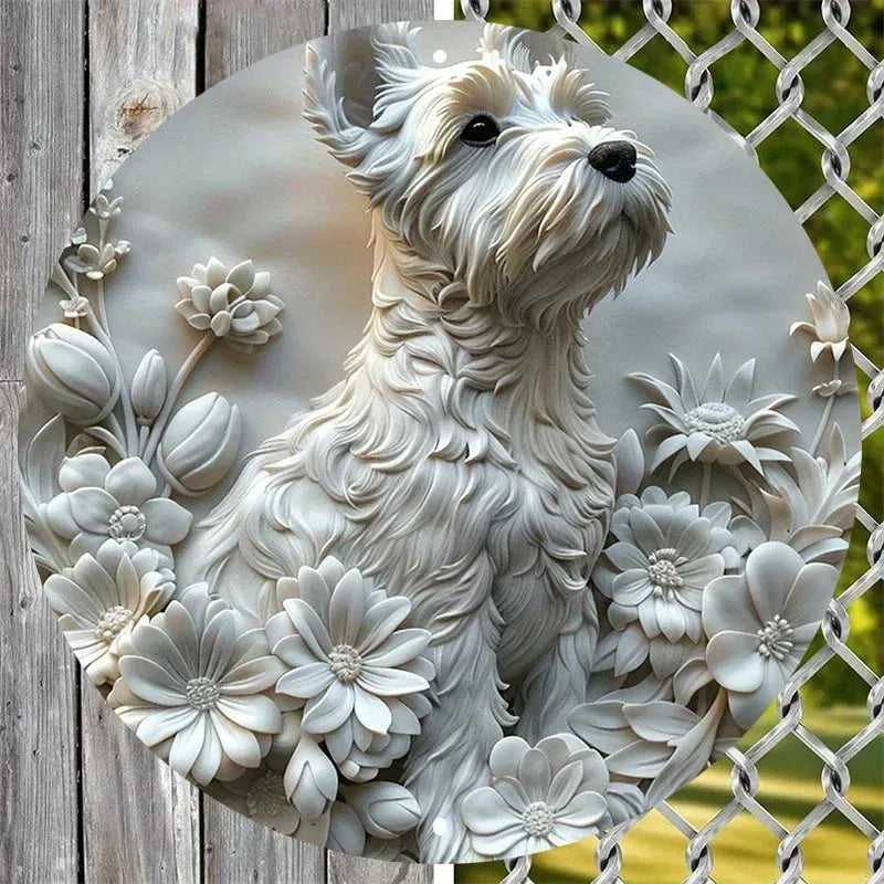 Cute Dog Gift Mask Theme Round Metal Aluminum Sign Art Desktop Decorative Plates For Bar Cafe Club Yard Home Office Wall Decor