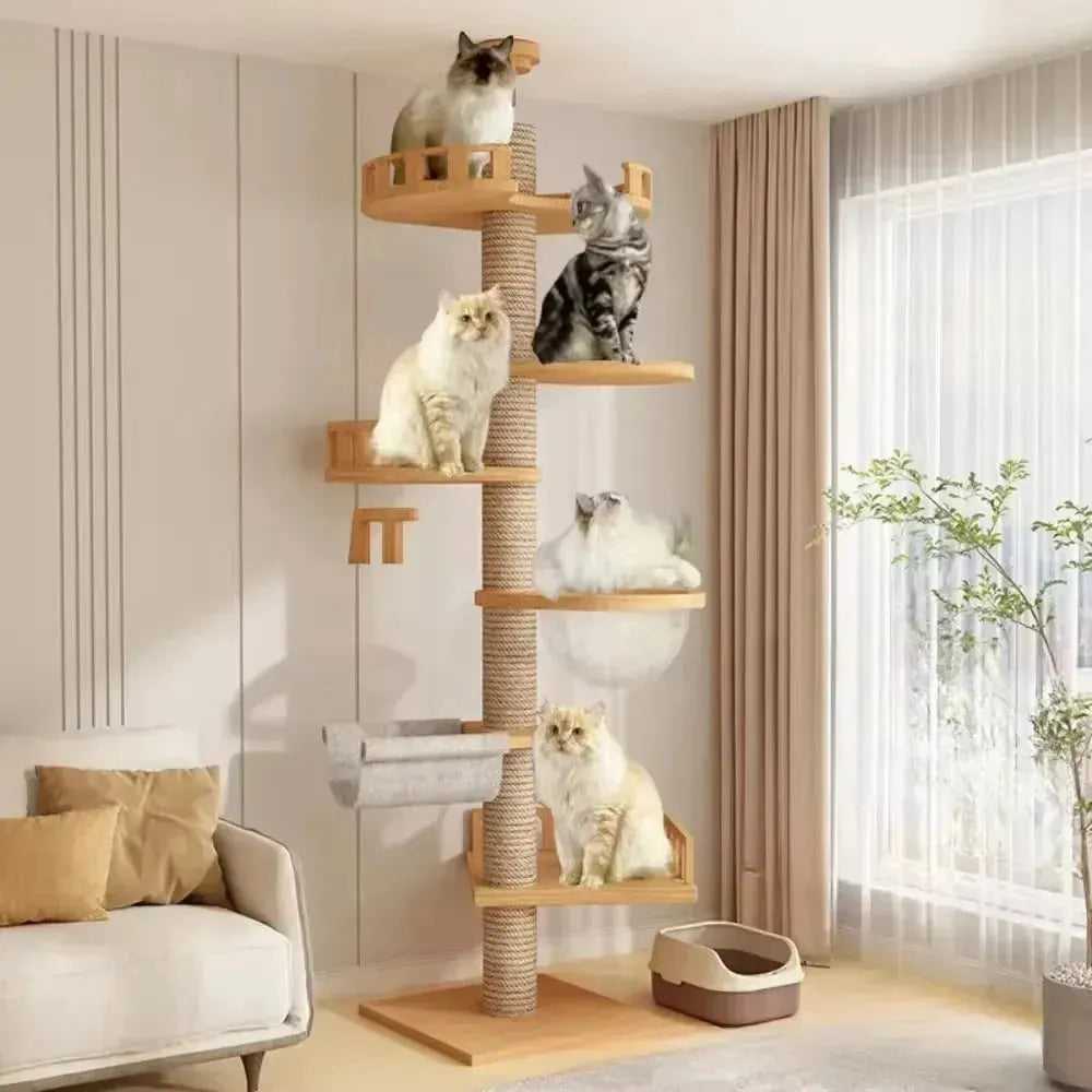 Cat Climbing Frame Floor To Ceiling Pussy Tree Tower Wooden Adjustable Pet Pillar Integrated Cattery With Hammock Kitty Nest