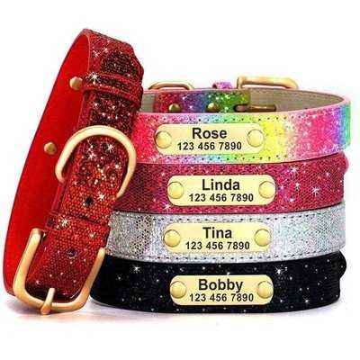 Bling Sequins Dog ID Collar Anti-lost Personalized Dogs Cat Name Collars Necklace With Engraved Tag For Small Medium Dogs Cats - Finnigan's Play Pen