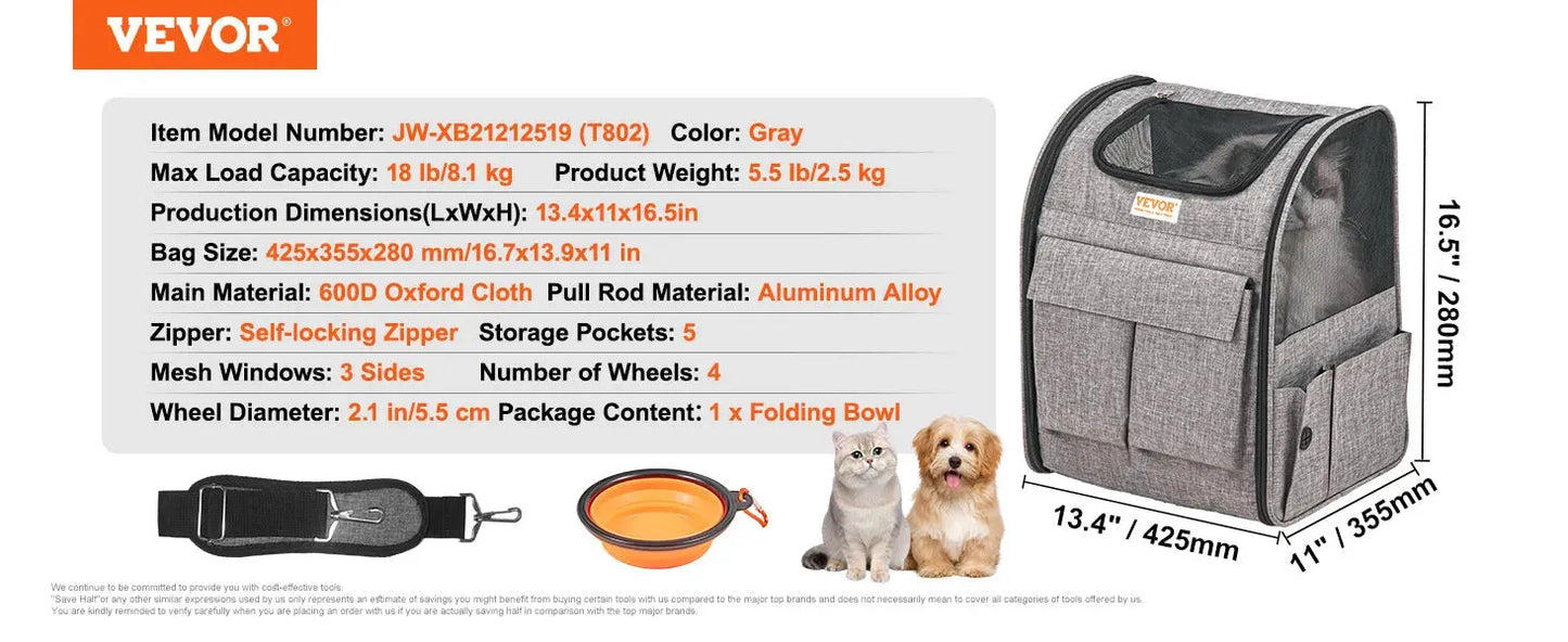 VEVOR Pet Cat Carrier Breathable Outgoing Dog Carry Backpack with Telescopic Handle Wheels and Shoulder Strap for Travel Trip