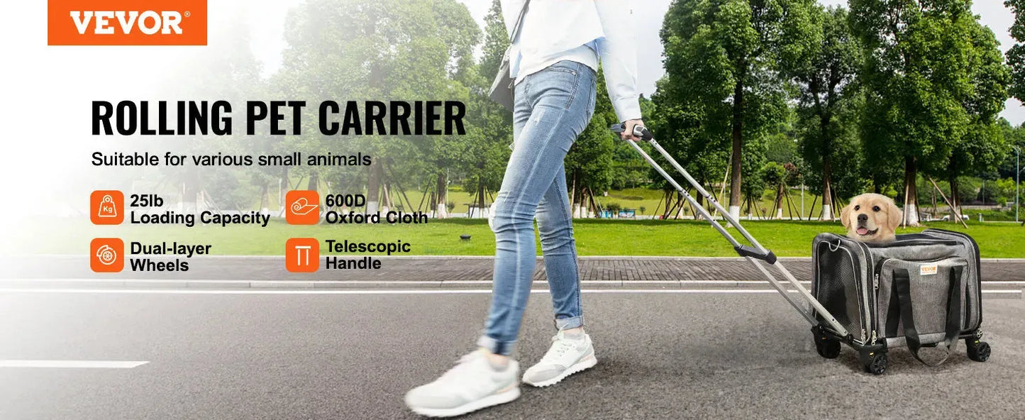 VEVOR Pet Cat Carrier Breathable Outgoing Dog Carry Backpack with Telescopic Handle Wheels and Shoulder Strap for Travel Trip