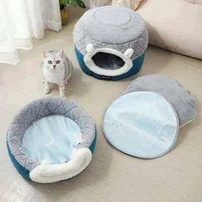 Snuggle Haven Pet Bed 🐾 Cozy Convertible Cat House & Cushion