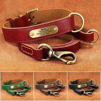 Personalised Dog Collar Leash Set Real Leather Pet Collars Dogs Walking Lead Rope With ID Tag Name Plate for Small Large Dogs - Finnigan's Play Pen